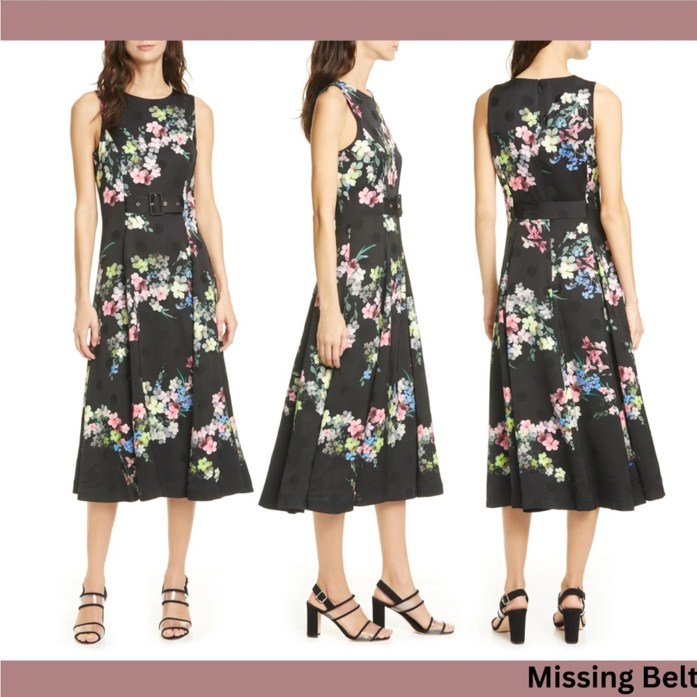 NWD $349 TED BAKER‎ [ 6 TB ] Camylle Pergola Print Belted Midi Dress Black